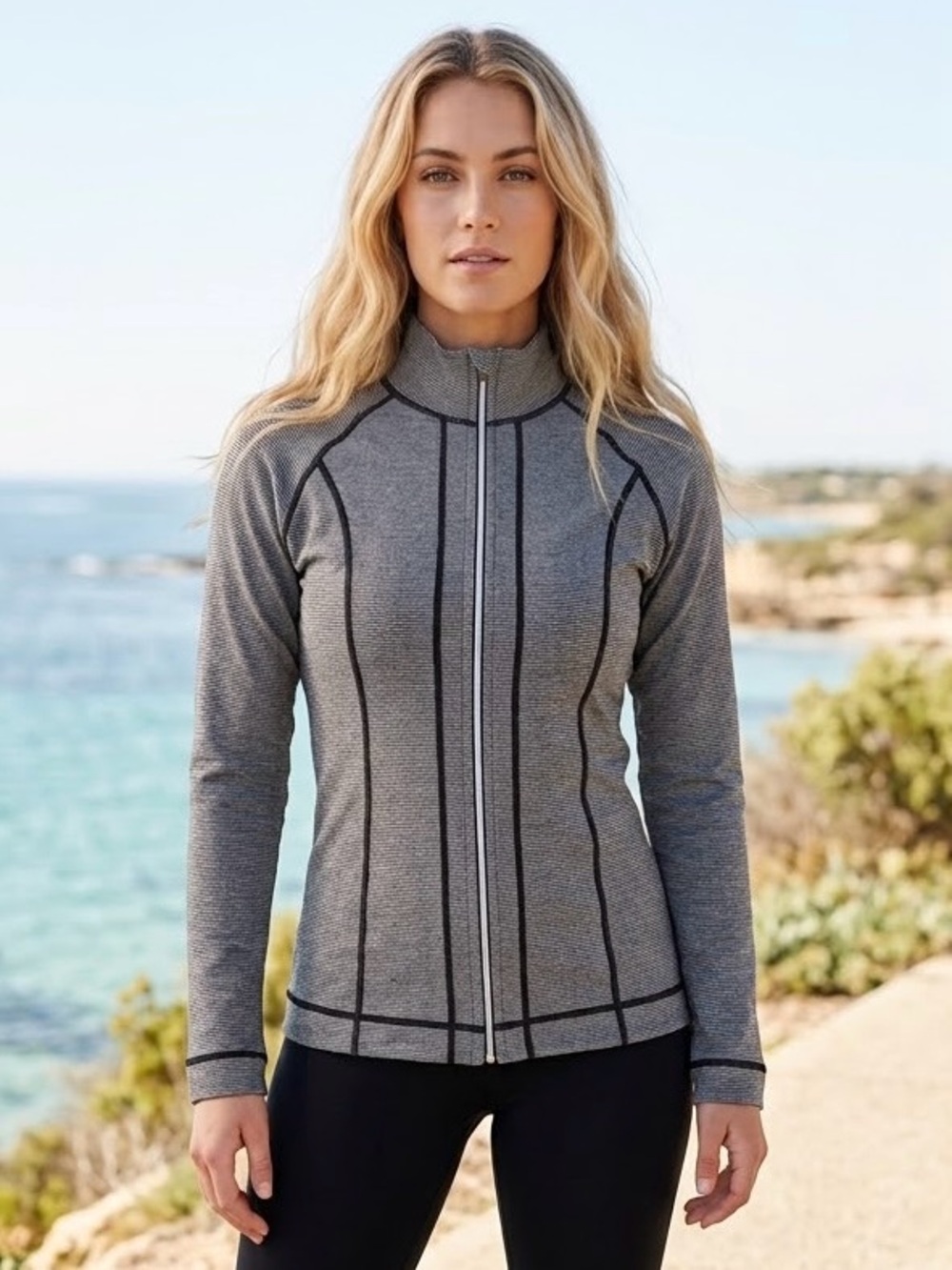 Gray Micro Stripe Full Zip Yoga Jacket Black Contrast Seams Athletic Activewear